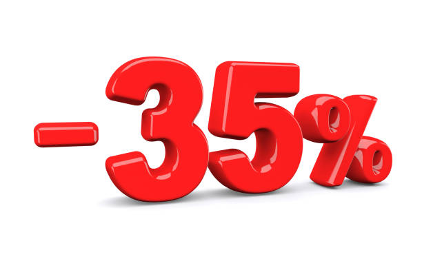 istock 35 percent off discount sign. Red text is isolated on white. 1010477124