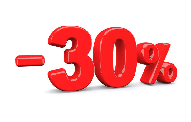 istock 30 percent off discount sign. Red text is isolated on white. 1010477138