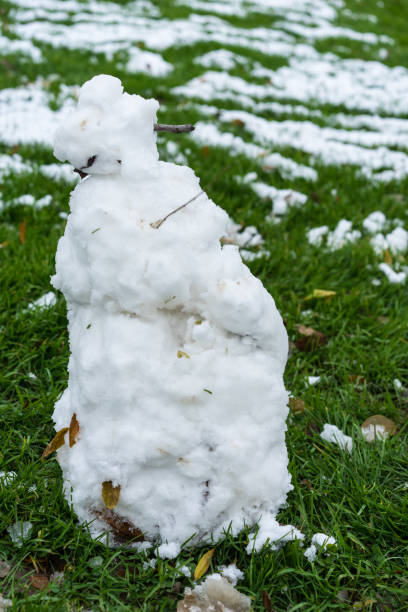 istock snowman pile of snow on green grass 1010477500