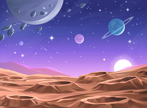 Sunrise over a barren alien planet or moon, saturated with craters. In the background is a dark purple sky full of stars, comets, asteroids and planets. Vector illustration with space for text.