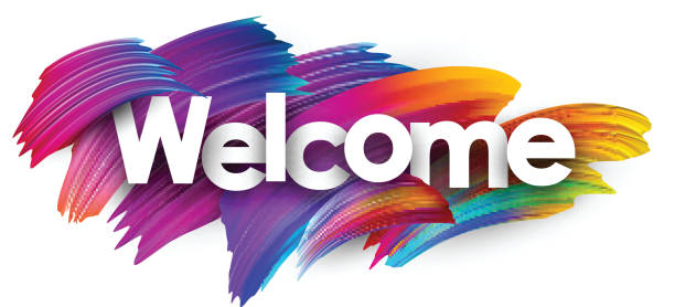 Welcome paper poster with colorful brush strokes. Welcome poster with spectrum brush strokes on white background. Colorful gradient brush design. Vector paper illustration. greeting stock illustrations