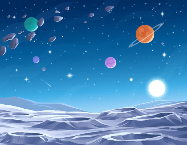 Blue Planet Surface of an alien planet or moon, saturated with craters. In the background is a dark blue sky full of stars, comets, asteroids and planets. Vector illustration with space for text. extrasolar planet stock illustrations