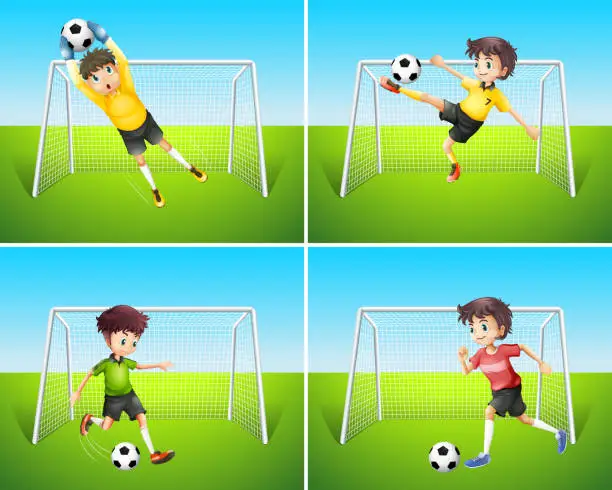 Vector illustration of A set of football player and goal