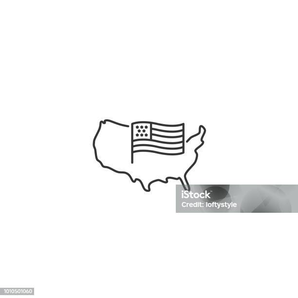 Usa Map With Flag Vector Thin Line Icon Stock Illustration - Download Image Now - USA, Icon Symbol, Map