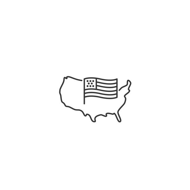 美國地圖帶旗向量細線圖示 - us flag 幅插畫檔、美工圖案、卡通及圖標