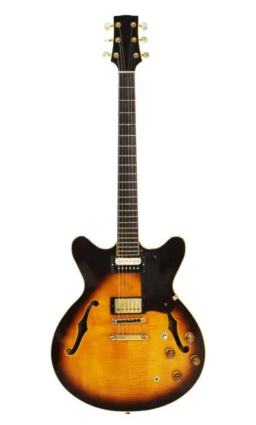 Vintage semi-acoustic electric guitar as used by artists in genres ranging from jazz to hard rock.