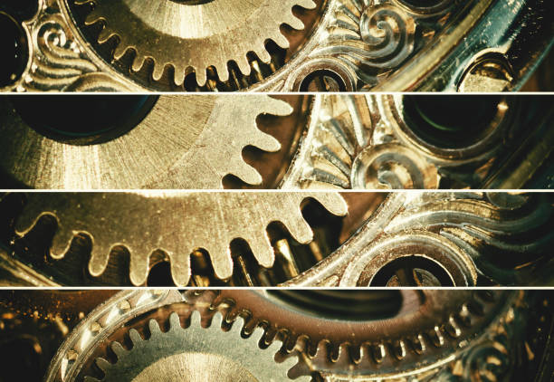 Brass and copper clockwork components in sunlight