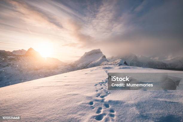 Snowy Mountain Ridge With Footprint In Blizzard Stock Photo - Download Image Now - Snow, Mountain, Arctic