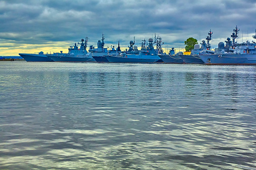 Warships on the roadstead of Kronstadt. St. Petersburg.