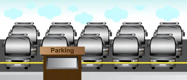 Vector illustration of Buses in a parking lot