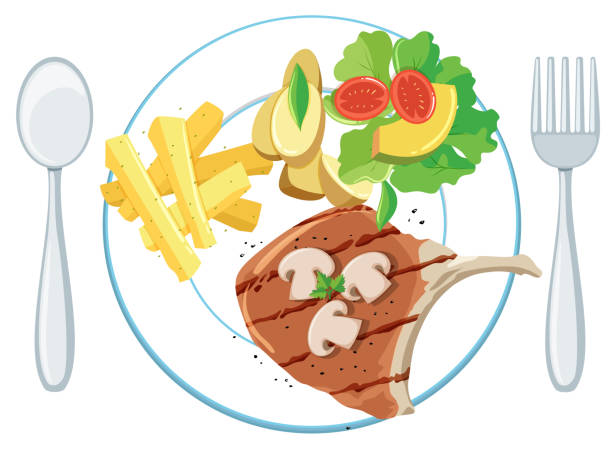 ilustraciones, imágenes clip art, dibujos animados e iconos de stock de un plato de chuleta de cerdo fritas y ensalada - pork chop illustrations