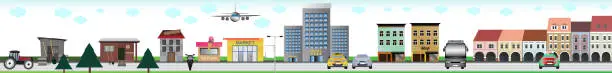 Vector illustration of City with all kinds of elements - garden shed, school, shop, hotel, square, means of transport and other.