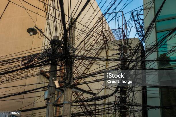 Cebu Area By Day Electric Pole Power Line With Messy Cable In Cebu Stock Photo - Download Image Now