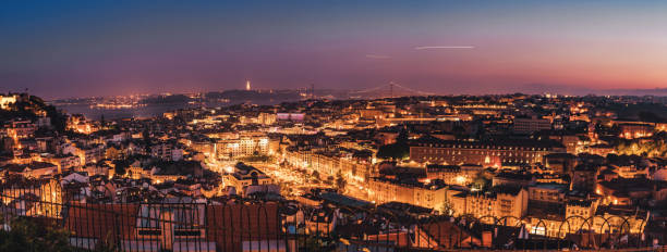 night view on castel, river and historic Lisbon from Miradouro da Senhora do Monte