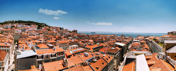 panoramic roof view over lisbon to river Tejo on sunny summer day