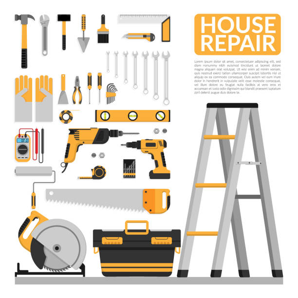 ilustrações, clipart, desenhos animados e ícones de conjunto de modelo de design de logotipo de vetor reparo home diy trabalho de ferramentas. bandeira de reparo home, construção, reparação de ícones. ferramentas manuais para casa renovação e construção. projeto liso, ilustração em vetor eps10 - hand drill work tool white white background