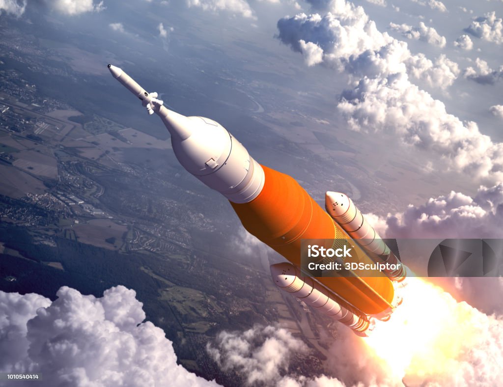 American Space Launch System Flying Over The Clouds American Space Launch System Flying Over The Clouds. 3D Illustration. NASA Images Not Used. Rocketship Stock Photo