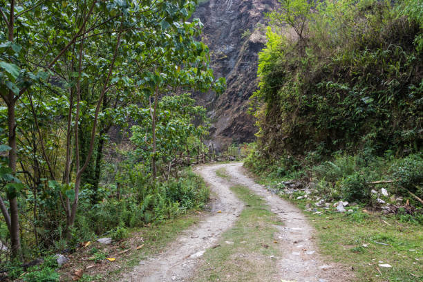 estrada da aldeia de montanha no himalaia, nepal. - 15838 - fotografias e filmes do acervo