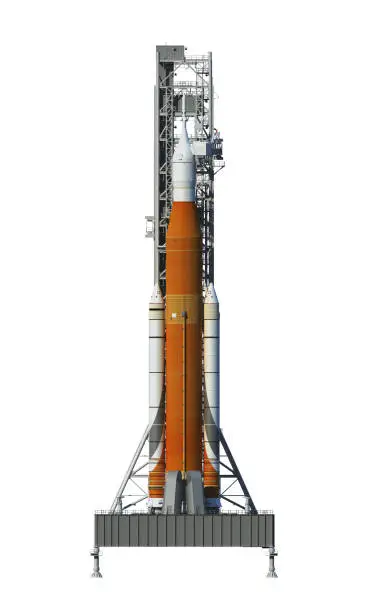 Space Launch System On Launchpad Isolated Over White Background. 3D Illustration. NASA Images Not Used.