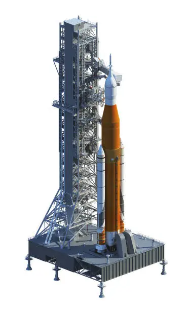 Space Launch System And Launchpad Over White Background. 3D Illustration. NASA Images Not Used.