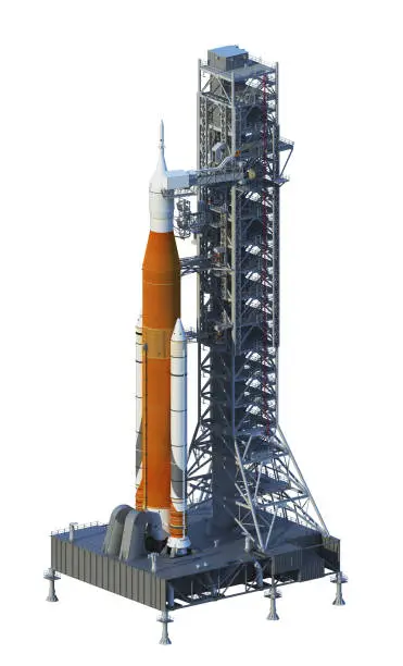 Space Launch System On Launchpad Over White Background. 3D Illustration. NASA Images Not Used.