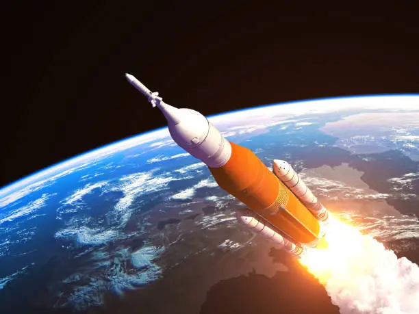Space Launch System Over The Earth. 3D Illustration. NASA Images Not Used.