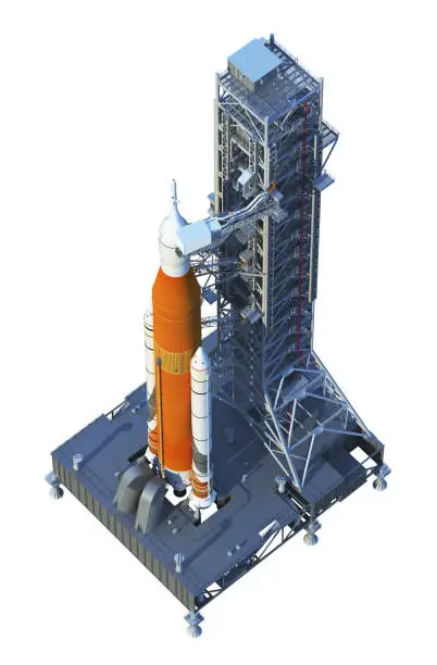 Space Launch System With Launchpad On White Background. 3D Illustration. NASA Images Not Used.