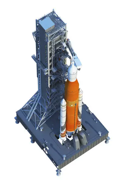 Space Launch System With Launchpad Over White Background. 3D Illustration. NASA Images Not Used.