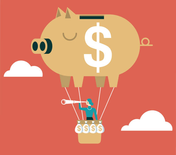 bizneswoman - piggy bank balon na gorące powietrze - spy balloon stock illustrations