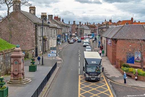 Berwick-upon-Tweed, England - April 2018: High Street in town center of Berwick-upon-Tweed, northernmost town in Northumberland at the mouth of River Tweed in England, UK