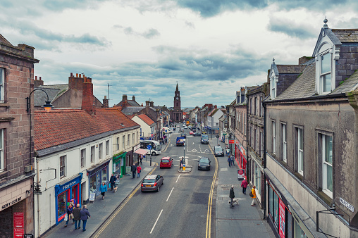 Berwick-upon-Tweed, England - April 2018: High Street in town center of Berwick-upon-Tweed, northernmost town in Northumberland at the mouth of River Tweed in England, UK