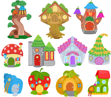 Fantasy House Vector Cartoon Fairy Treehouse And Magic Housing Village  Illustration Set Of Kids Fairytale Pumpkin Or Strawberry Playhouse Isolated  On White Background Stock Illustration - Download Image Now - iStock
