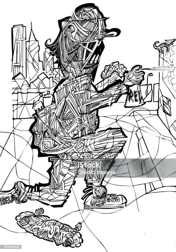 Man doing street art grafitti coloring page grafitti coloring page Skateboarding stock vector