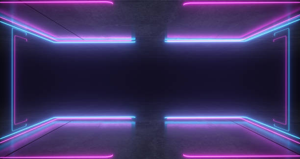istock Futuristic Sci-Fi Bracket Shaped Neon Blue And Purple Glowing Lights With Reflections On Concrete Floor And Ceiling Dark Empty Space 3D Rendering 1010569352