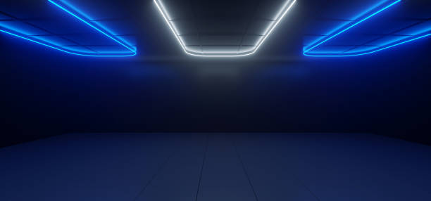 istock Sci Fi Modern Futuristic Dark Black Room With Reflections And Different Rectlangle Shaped Neon Lights On The Ceiling reflected On Floor Empty Space 3D Rendering 1010569992