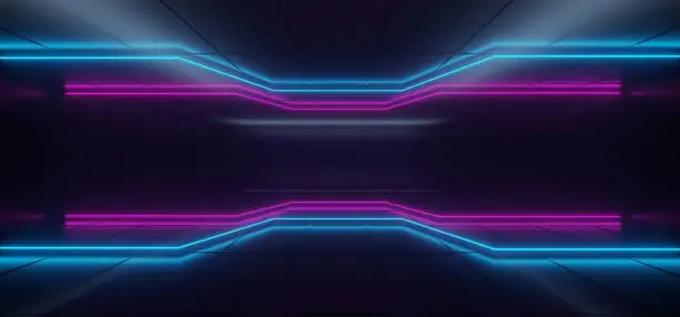 Modern Futuristic  Hi-Tech Dark Room With Neon Glowing Light Tubes With Purple And Blue Color And Empty Space In Middle 3D Rendering Illustration
