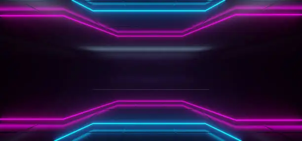Modern Futuristic  Hi-Tech Dark Room With Neon Glowing Light Tubes With Purple And Blue Color And Empty Space In Middle 3D Rendering Illustration