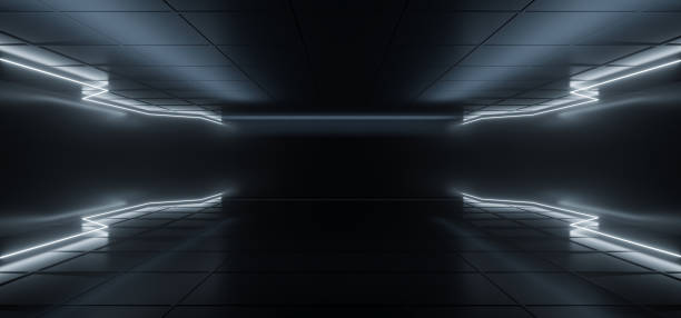 istock Modern Futuristic  Hi-Tech Dark Room With Neon Glowing Light Tubes With White Color And Empty Space In Middle 3D Rendering 1010570362