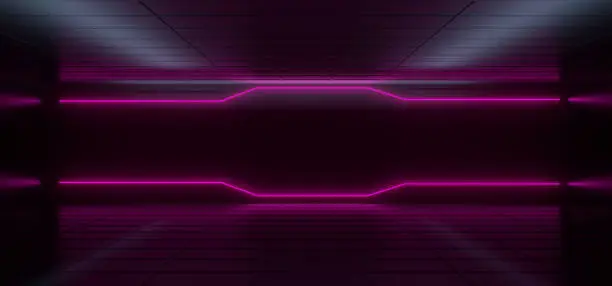 Modern Futuristic  Hi-Tech Dark Room With Neon Glowing Light Tubes With Purple Color And Empty Space In Middle 3D Rendering Illustration