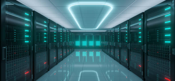 modern hi-tech it server rack room with a lot servers with glowing lights on reflective floor and neon light on the ceiling glowing dark blue artificial intelligence concept 3d rendering - network server computer tower rack imagens e fotografias de stock