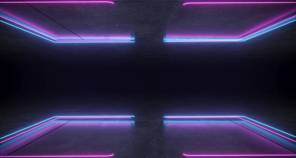 istock Futuristic Sci-Fi Bracket Shaped Neon Blue And Purple Glowing Lights With Reflections On Concrete Floor And Ceiling Dark Empty Space 3D Rendering 1010571450