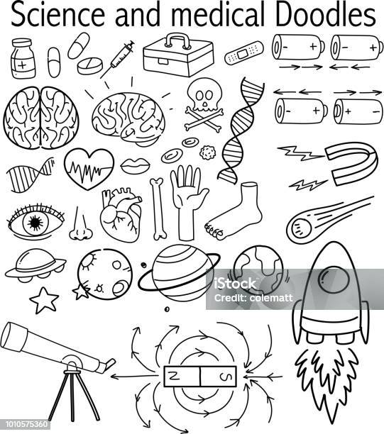Set Of Science And Medical Doodles Stock Illustration - Download Image Now - Doodle, Brain, Foot