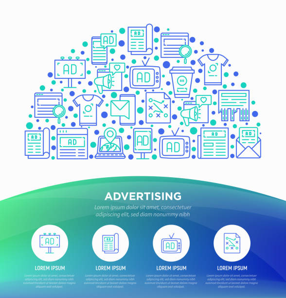 koncepcja reklamy w półkole z cienkimi ikonami linii: billboard, reklamy uliczne, gazeta, magazyn, promocja produktu, e-mail, kierowanie geo, media społecznościowe. ilustracja wektorowa, szablon strony internetowej. - half way line stock illustrations