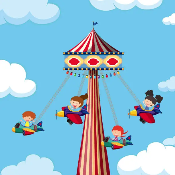 Vector illustration of Theme park giant airplane swing