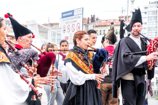 Gijon, Asturias, Spain - July 28, 2018: The seventh edition of the Arcu Atlantic Festival in Gijon. Folk group \