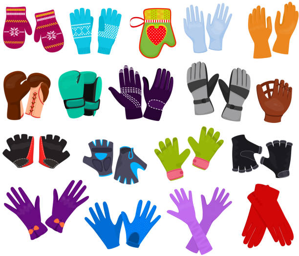 перчатка векторные шерстяные варежки и защитная пара перчаток иллюстрация набор boxxing-перчатки или трикотажные рукавицы для пальцев рук из� - sports glove protective glove equipment protection stock illustrations