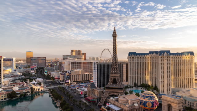 Night to Day Time-lapse Aerial view of Las Vegas strip in Nevada USA Sunrise dawn