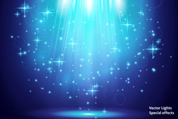 istock Transparent blue ligthy effects on a dark background. Spotlights, flare, explosion and stars. Vector 1010594388