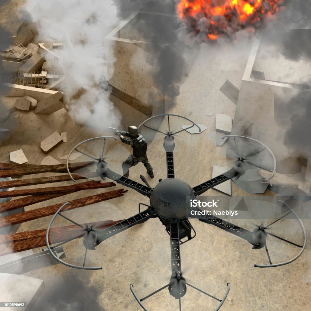 New technologies to be used in specialized military operations. War drones. Debris, war zone with soldiers, buildings, bombings, terrorism. Military in combat actions New technologies to be used in specialized military operations. War drones. Debris, war zone with soldiers, buildings, bombings, terrorism. Military in combat actions. 3d rendering Drone Stock Photo