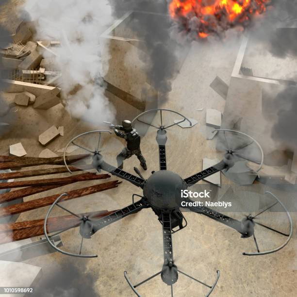 New Technologies To Be Used In Specialized Military Operations War Drones Debris War Zone With Soldiers Buildings Bombings Terrorism Military In Combat Actions Stock Photo - Download Image Now